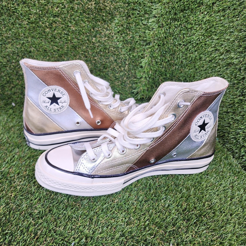 Converse Metallic Silver Gold Leather Chuck Taylor 70 Hi Top Sneakers Size 8.5